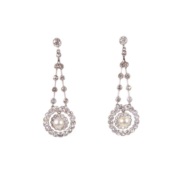 Pair of pearl and diamond cluster pendant earrings